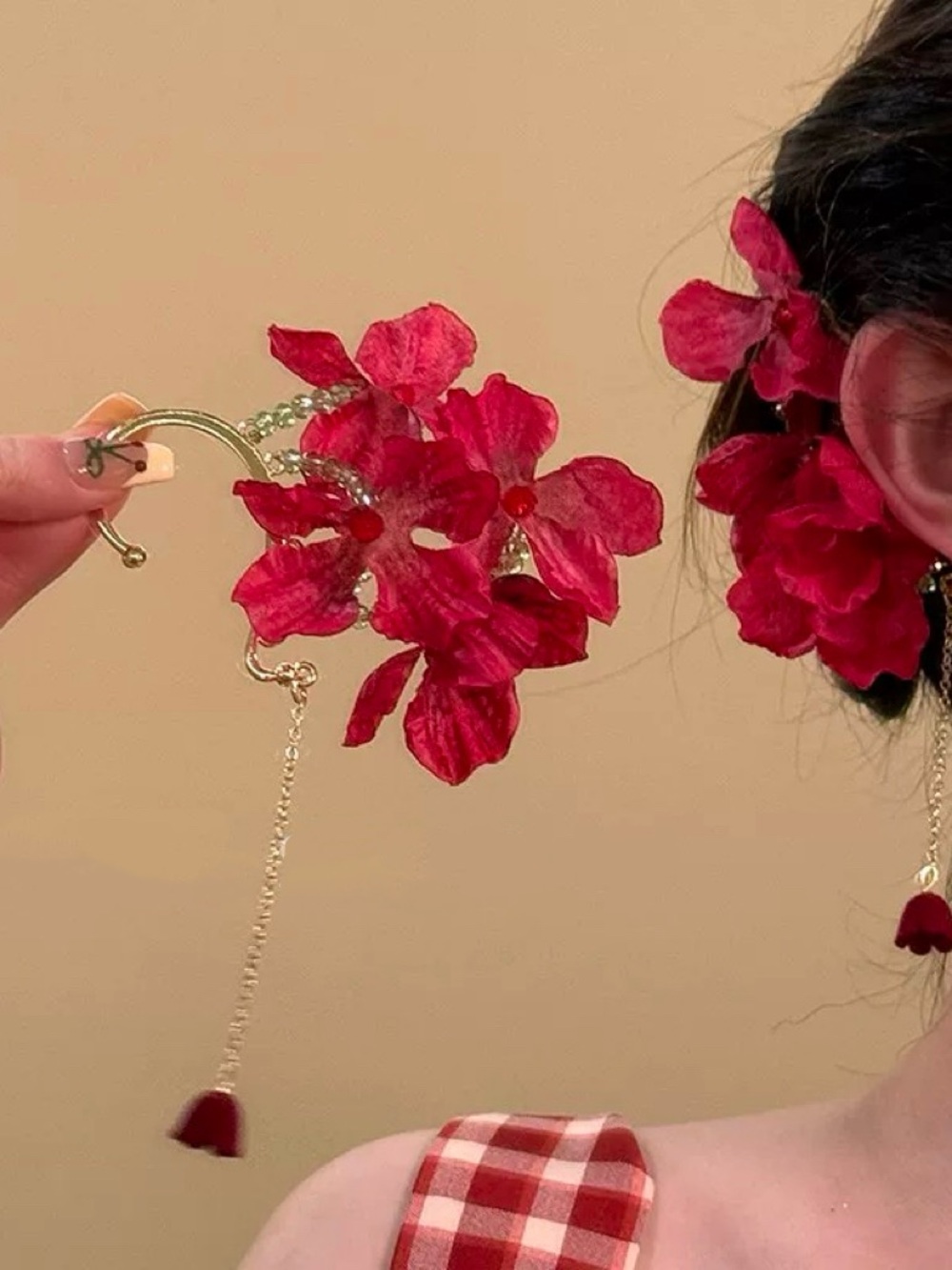 Red Floral Statement Ear Cuff with Gold Chain